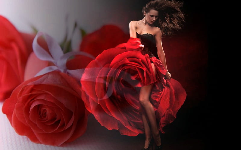 The dancing Queen dance between the roses, red, art, rose, roses, abstract, woman, fantasy, flowers, nature, dream, HD wallpaper
