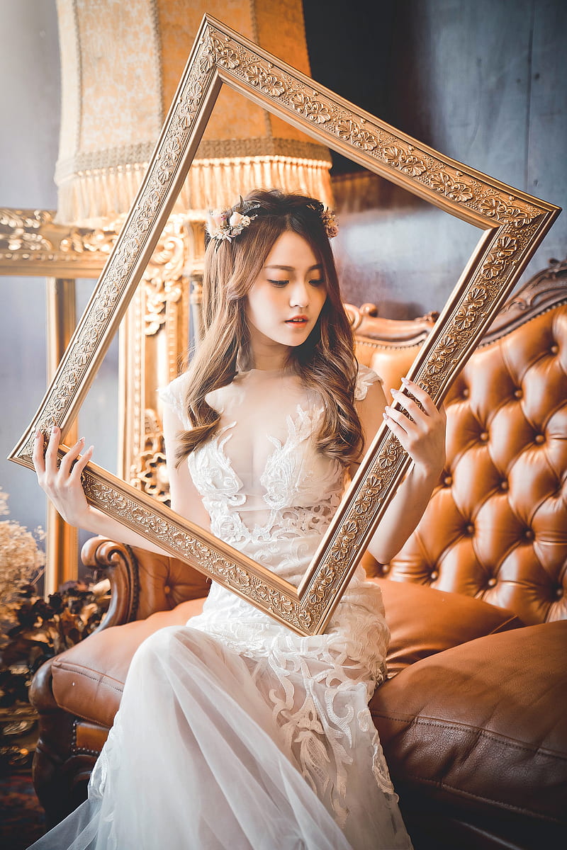 frames, Asian, women, model, women indoors, brunette, wreaths, brides, Mimi Peng, HD phone wallpaper
