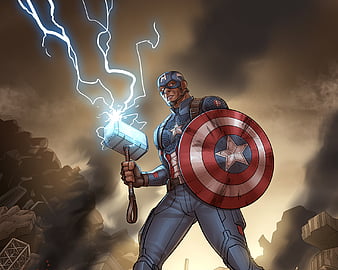 Shield Captain America with Thor's Hammer, HD wallpaper