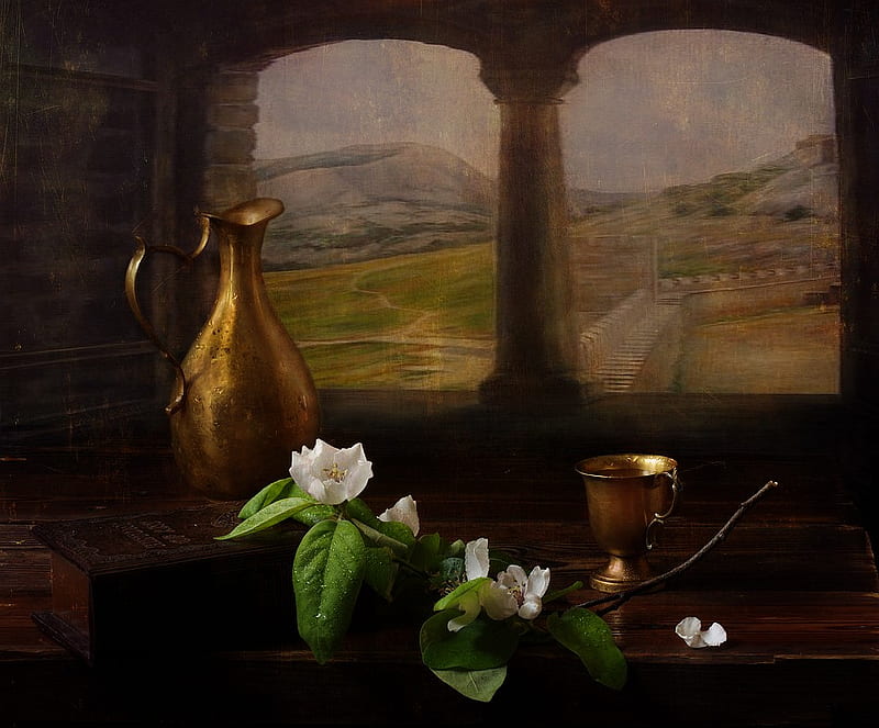 Still Life, art, window, bonito, antique, quince, jug, flowers, white, HD wallpaper