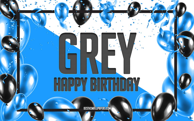 Happy Birtay Grey, Birtay Balloons Background, gris, with names, Grey Happy Birtay, Blue Balloons Birtay Background, greeting card, Grey Birtay, HD wallpaper