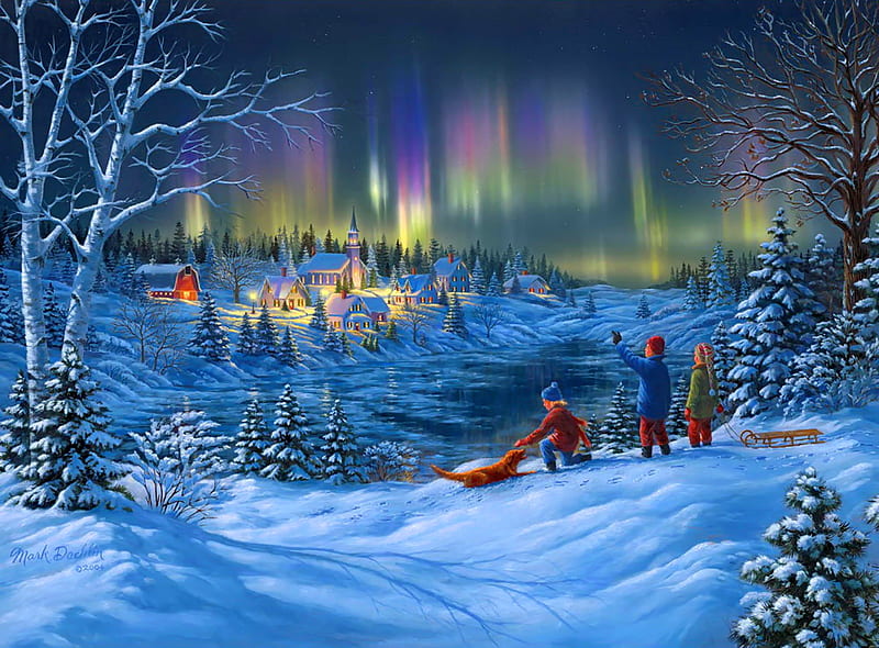 Wonder, dusk, bonito, lights, painting, village, evening, kids, frost, playing, art, christmas, fun, sky, joy, winter, lake, snow, ice, HD wallpaper