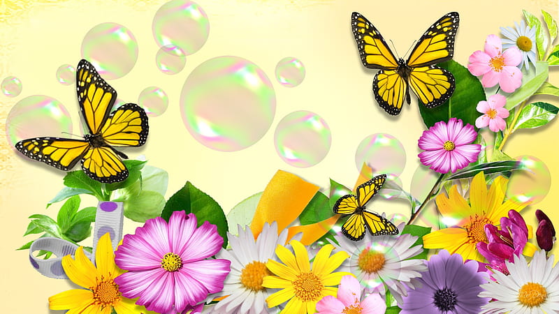 Summers Best, bright, bubbles, flowers, yellow, yellow butterflies, HD wallpaper