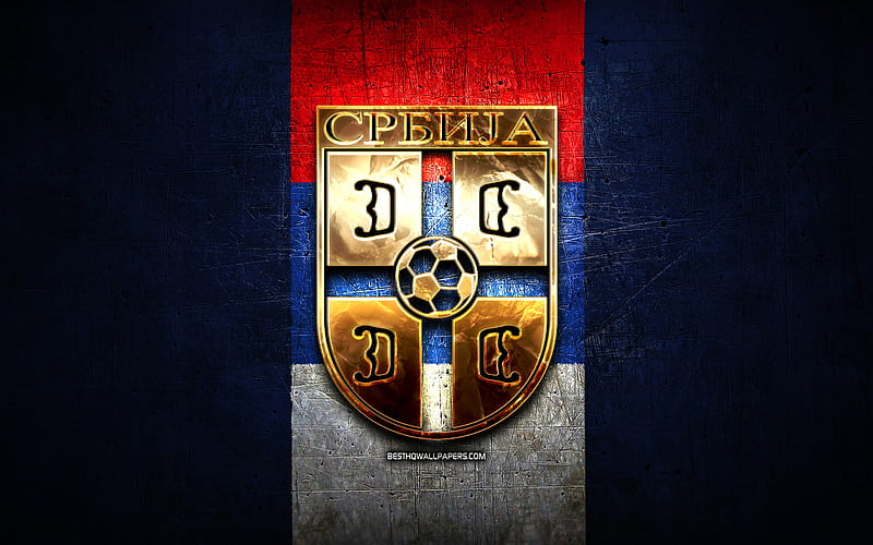 Serbia National Football Team, golden logo, Europe, UEFA, green metal background, Serbian football team, soccer, FAS logo, football, Serbia, HD wallpaper