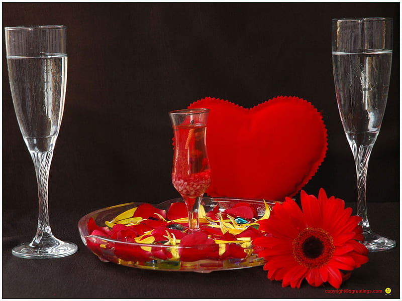 Celebration of Love, red, romance, glasses, valentine, water, dish, flutes, heart, flower, gerbera, petals, HD wallpaper