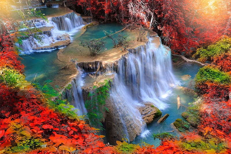 Beautiful autumn cascades, amazing, forest, fall, colorful, autumn, cascades, waterfall, bonito, HD wallpaper