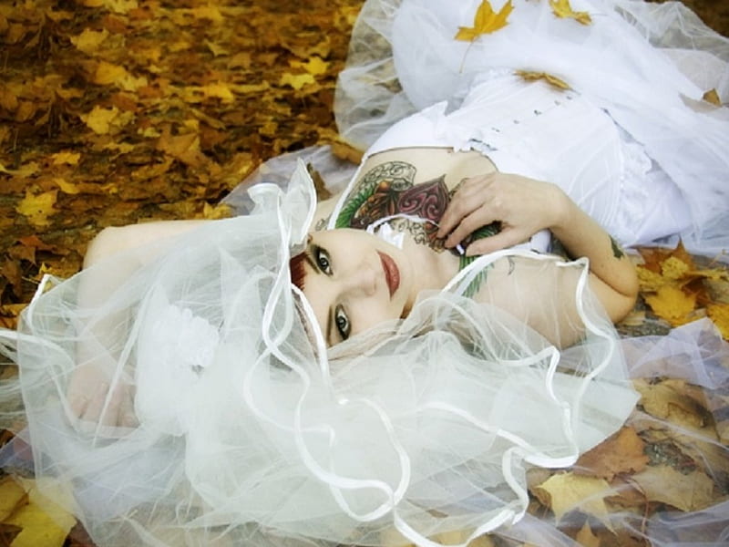 Beautiful Bride, make up, tattoo, lace, wedding dress, autumn leaves, beauty, women, HD wallpaper