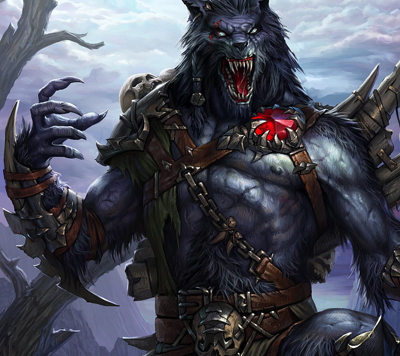 Werewolf, armor, chain, claw, fangs, fantasy, teeth, warrior, wolf, HD wallpaper