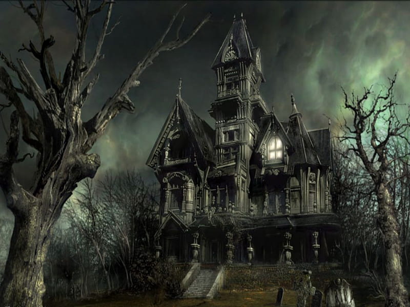 Beggars Night, house, halloween, haunted, trees, old, fog, creepy, mansion, night, HD wallpaper