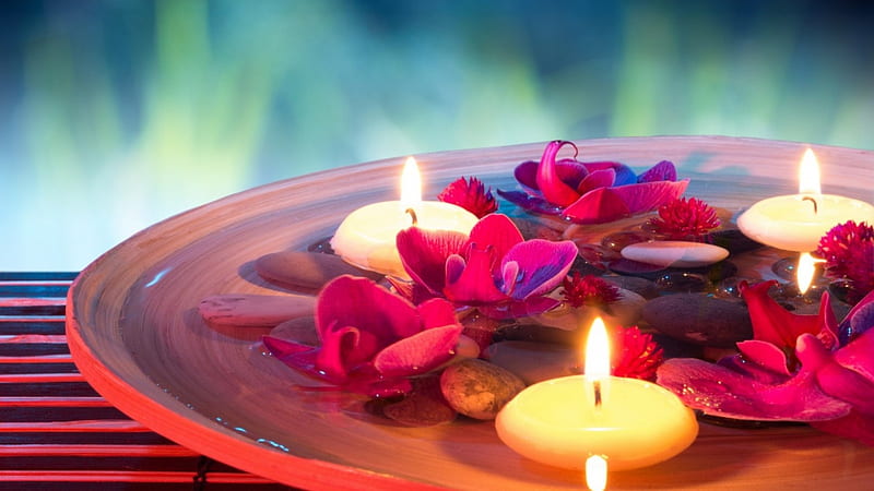 Spa, spa stones, flowers, water, candles, HD wallpaper