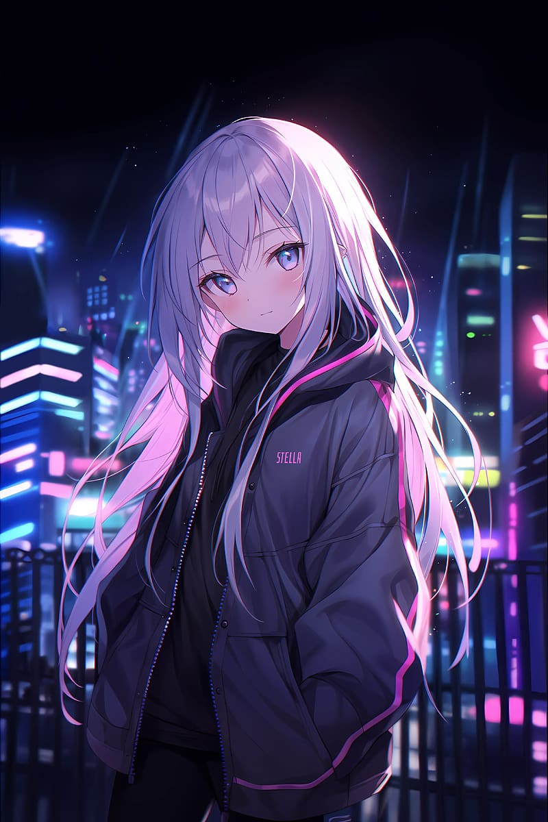 Girl, jacket, night, city, anime, HD phone wallpaper | Peakpx