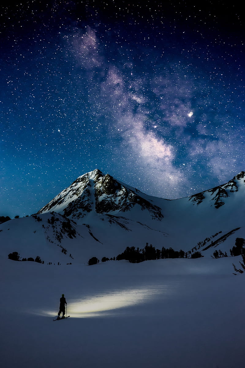 mountains, night, starry sky, milky way, snow, HD phone wallpaper