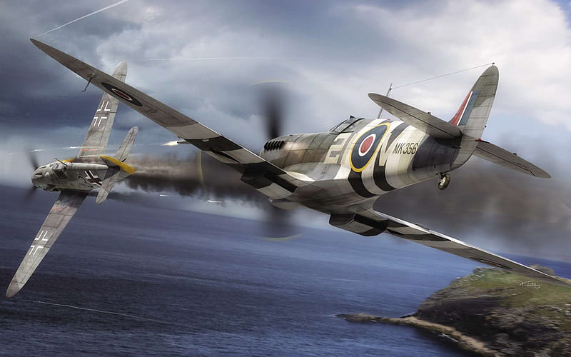 War Thunder, Messerschmitt Bf109G-6, Spitfire FMkIX, air battle, World War II, online games, military aircraft, WW2, Luftwaffe, Royal Air Force, HD wallpaper