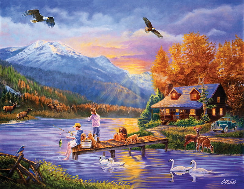 Grandpa's cabin, family, house, cottage, cabin, mountain, painting, river, kids, fishing, art, fun, joy, lake, peaceful, summer, landscape, grandpa, HD wallpaper
