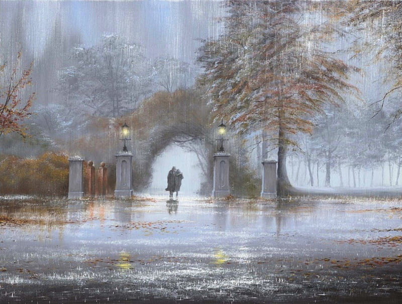 Walking in the Rain, wet, tres, streetlights, walking, man, rain, woman, HD wallpaper
