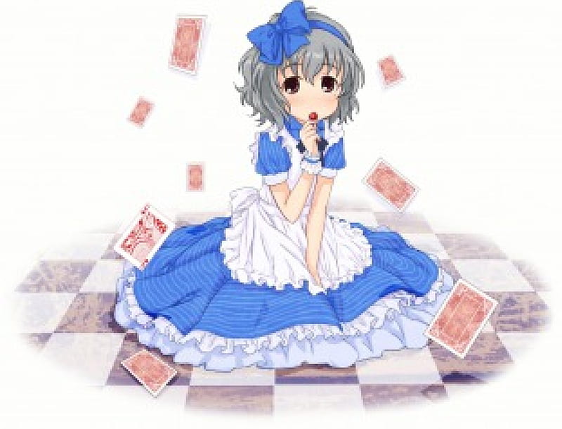 ~It's Raining Cards~, tiled floor, queen of hearts, blue dress, cards, anime, little girl, blue bow, cherry, HD wallpaper