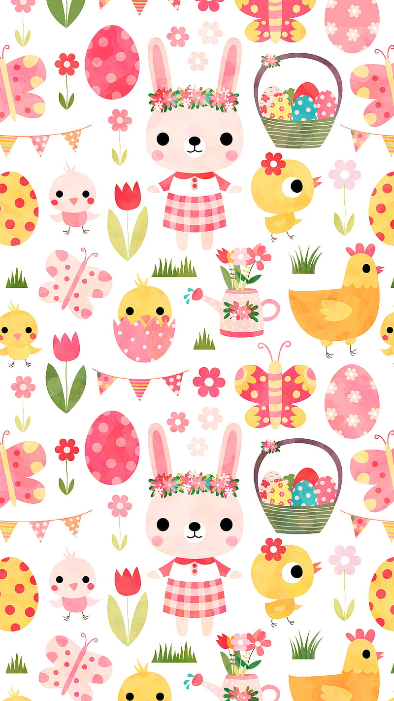 Cute Easter Bunny, Koteto, animal, baby, background, basket, butterfly, cartoon, character, chick, chicken, child, color, creative, drawing, ears, egg, eyes, flat, floral, flower, fun, happy, hen, illustration, kawaii, kids, pastel, pattern, rabbit, spring, tulip, watercolor, white, HD phone wallpaper