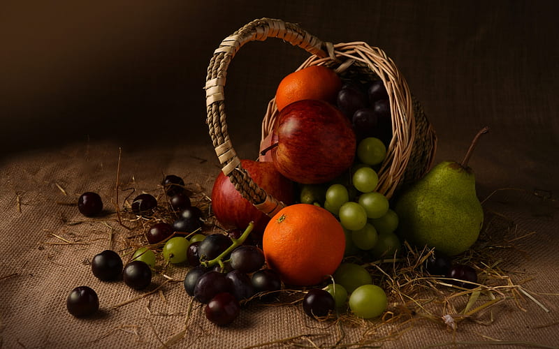 ️, Bunch, Apples, Food, Grapes, Orange, Pear, HD wallpaper