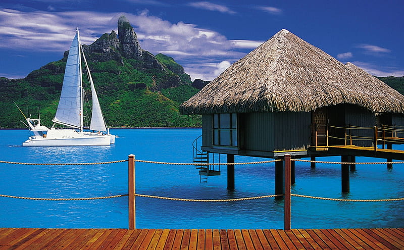 Tahitian Paradise, resort, oceans, islands, paradise, bungalows, tahiti, HD wallpaper