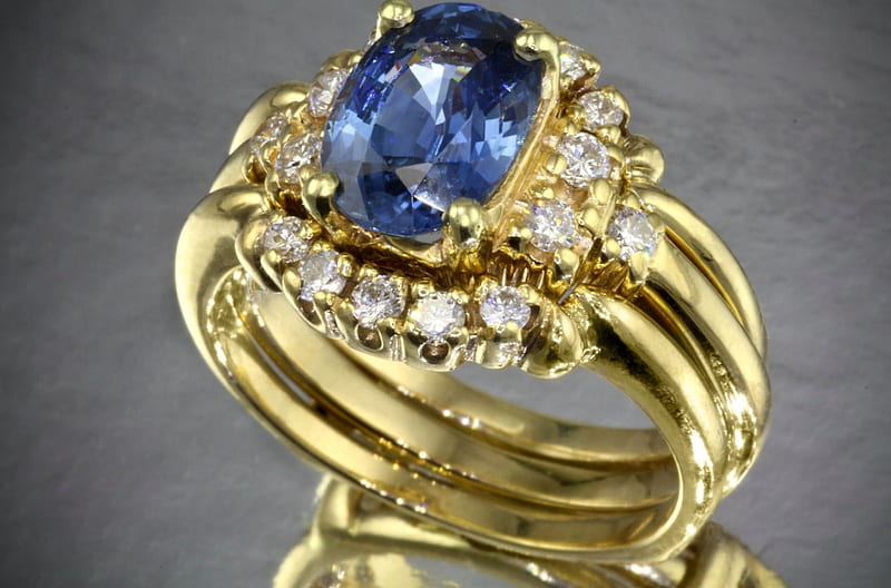 Ring, gold, saphire, golden, jewel, blue, diamond, HD wallpaper
