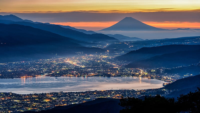 mt fuji in the background of a city at dusk, mountain, city, dusk, volcano, lights, panorama, HD wallpaper