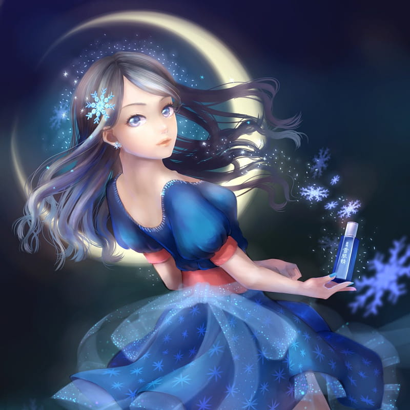 Blue Bottle, pretty, wonderful, flow, cg, bottle, magic, sweet, nice, fantasy, anime, beauty, anime girl, realistic, long hair, lovely, gown, holding, awesome, crescent, maiden, dress, divine, bonito, elegant, moon, blue, gorgeous, female, spendid, hold, flakes, flowing, snowflakes, magical, lady, angelic, HD wallpaper
