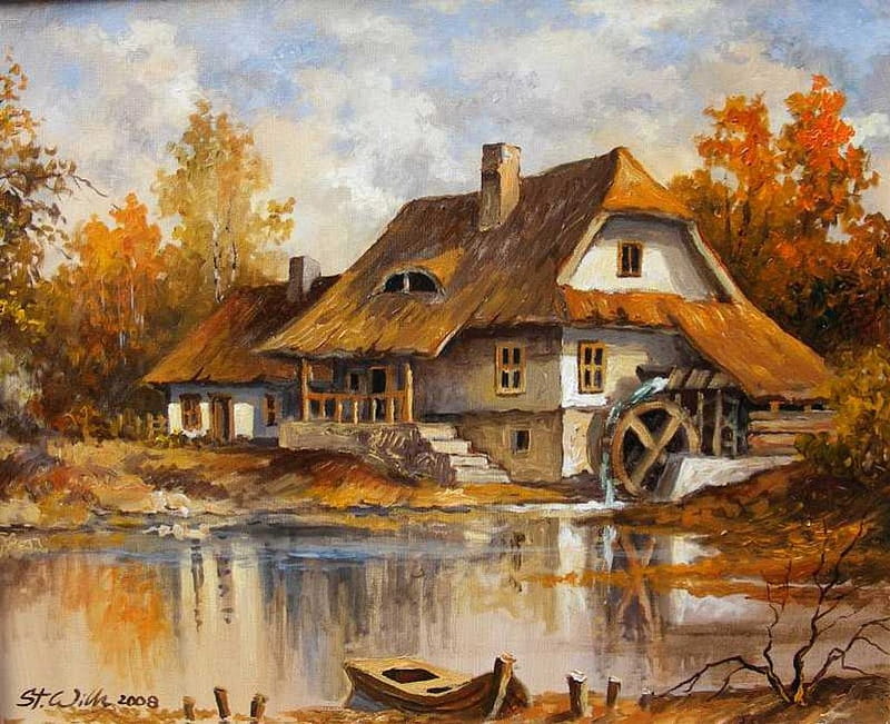 Watermill, painting, autumn, nature, lake, HD wallpaper