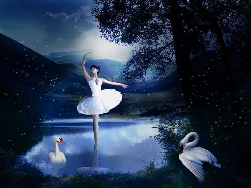 **Swan n Ballet at Lake**, pretty, silent, clouds, women, sweet ...