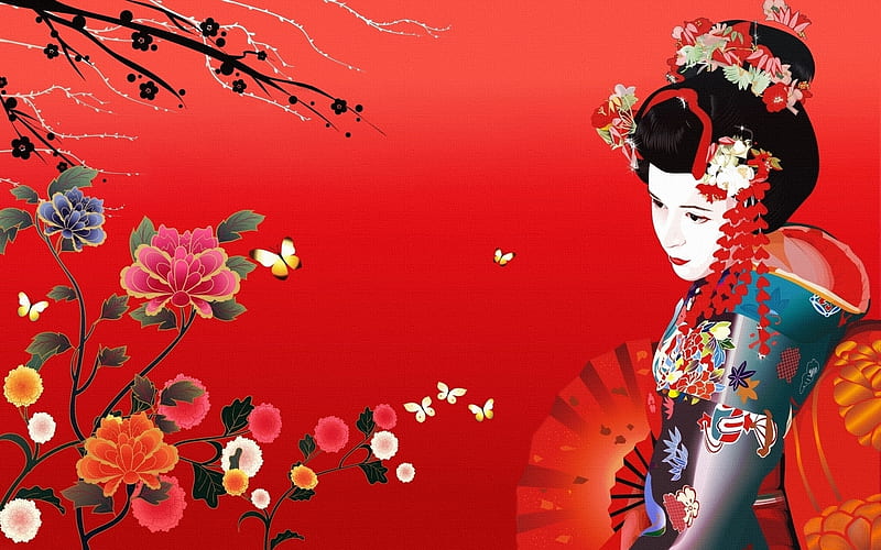 Geisha, blossoms, flower, girl, HD wallpaper | Peakpx