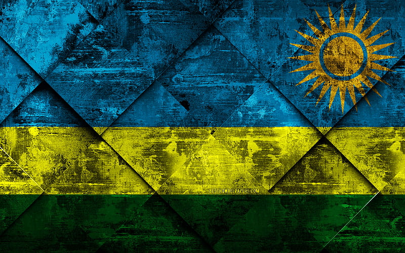 Flag of Rwanda grunge art, rhombus grunge texture, Rwanda flag, Africa, national symbols, Rwanda, creative art, HD wallpaper