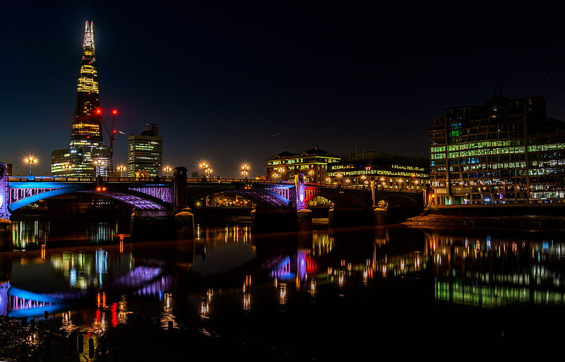 night city, city lights, bridge, river, thames, london, uk, HD wallpaper