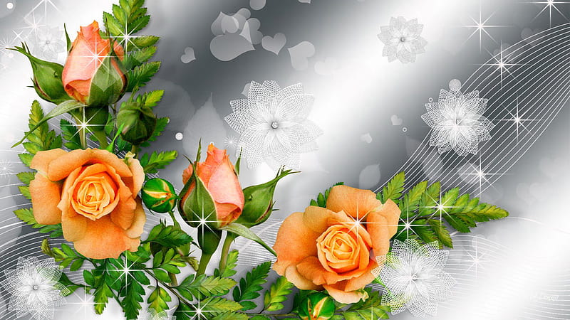 Silver and Tea Roses, sparkle, leaves, flowers, shine, nature, roses, corazones, silver, HD wallpaper