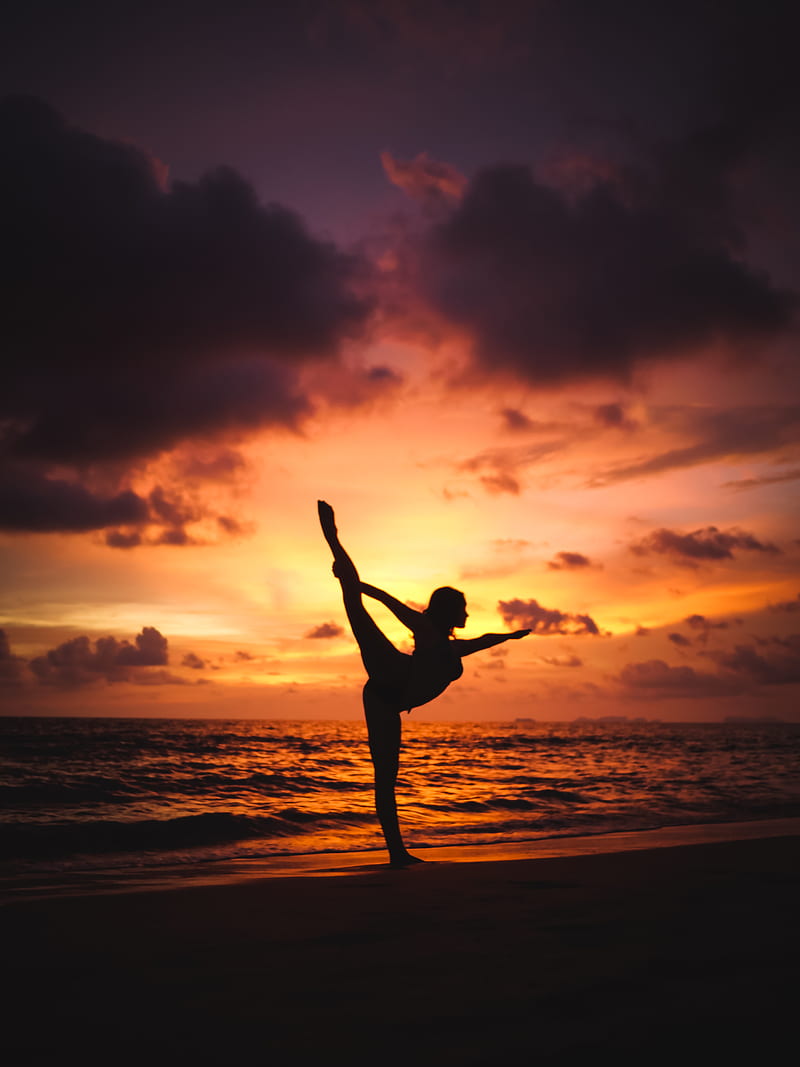 silhouette graphy of woman stretching front of sea, HD phone wallpaper