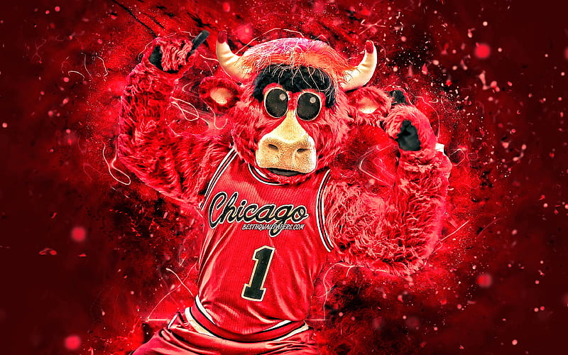 Benny the Bull mascot, Chicago Bulls, red neon lights, NBA, creative, USA, Chicago Bulls mascot, Benny, NBA mascots, official mascot, Benny mascot, HD wallpaper