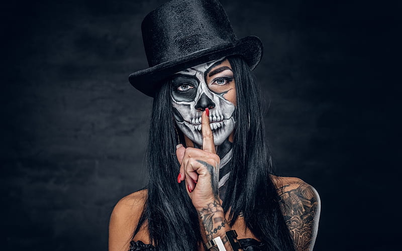 Day of the Dead make-up, girl, model, halloween, day of dead, make-up, skull, woman, hat, HD wallpaper