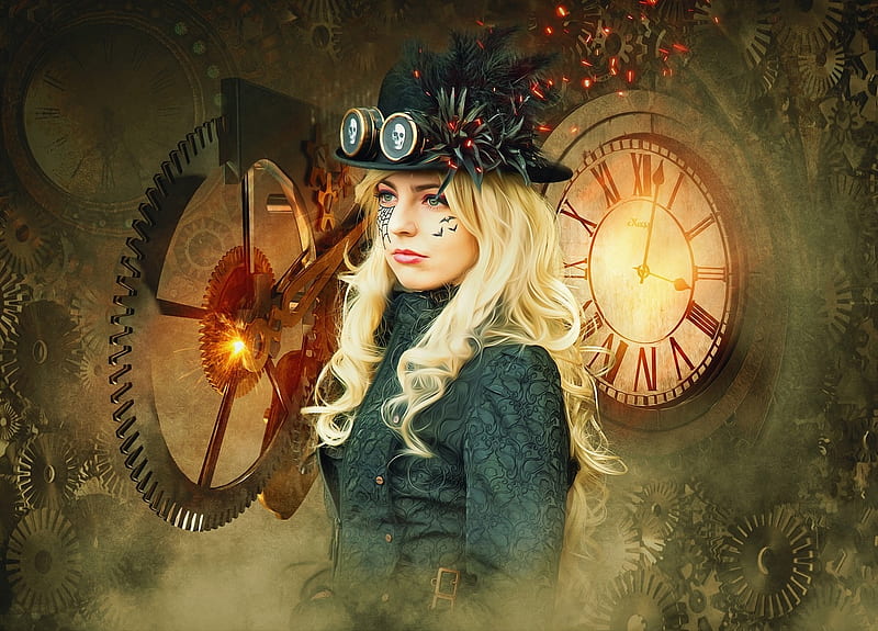 Steampunk, gearwheel, clock, girl, hat, art, HD wallpaper