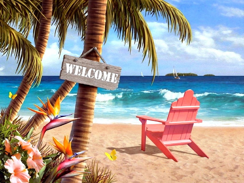 Welcome to Paradise, love four seasons, attractions in dreams, sky, clouds, palm trees, sea, paintings, paradise, beaches, summer, flowers, seaside, nature, chair, HD wallpaper