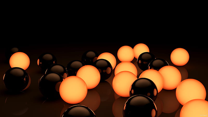 glowing balls, black and orange, cgi, 3D, HD wallpaper
