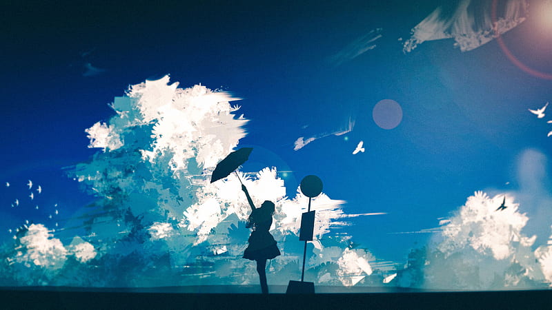 silhouette, girl, umbrella, clouds, art, HD wallpaper