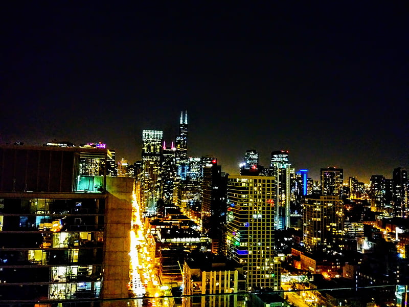 Chicago downtown 2, bonito, chicago, downtown, lake, lights, nature, night, roof, rooftop, street, HD wallpaper