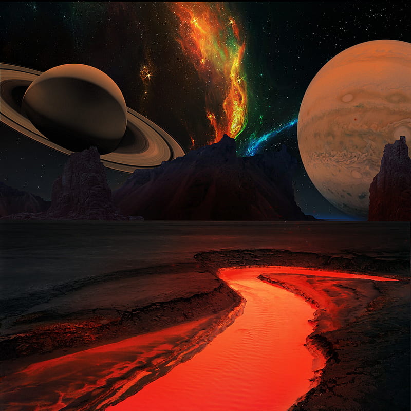 Parallel planet, jupiter, lava, light, magma, orange, saturn, saturnrings, world, HD phone wallpaper