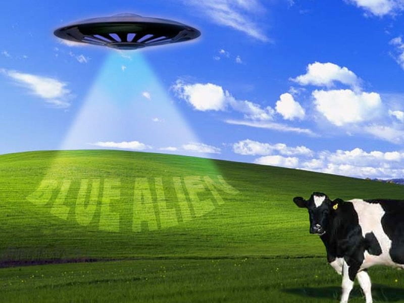 Alien Abduction, cow, light beam, grassy field, sky, spaceship, HD wallpaper