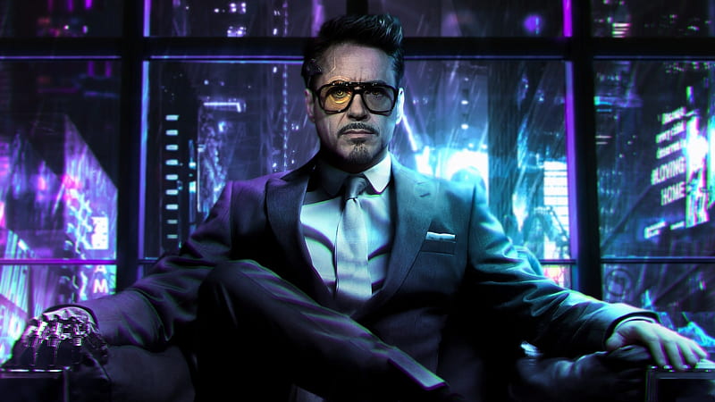 Tony Stark, fantasy, cyberpunk 2077, luminos, ironman, comics, pink, blue, neon, HD wallpaper