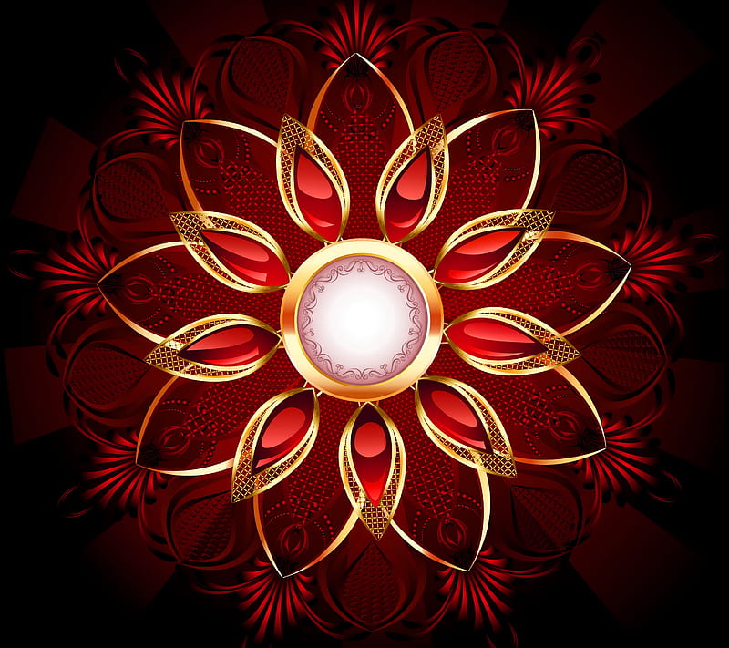 Red Flower, abstract, art, desenho, floral, flower, golden, red, vector, HD wallpaper