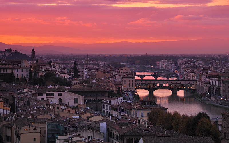 Ponte Vecchio, Florence, evening, sunset, old bridge, segmental arch bridge, Arno River, Florence cityscape, Florence panorama, Italy, HD wallpaper