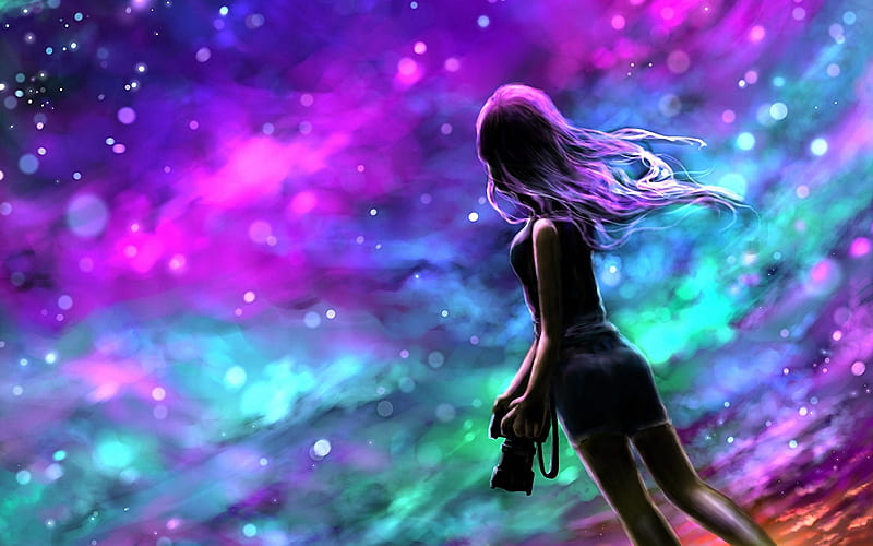 Black View, art, stars, girl, digital, camera, colors, sky, HD wallpaper