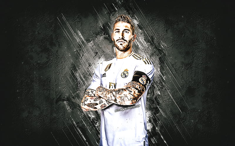 Sergio Ramos, Real Madrid, Spanish footballer, defender, stone creative background, La Liga, Spain, football, HD wallpaper