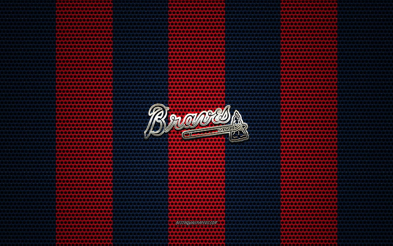 Atlanta Braves logo, American baseball club, metal emblem, red blue metal mesh background, Atlanta Braves, MLB, Atlanta, Georgia, USA, baseball, HD wallpaper