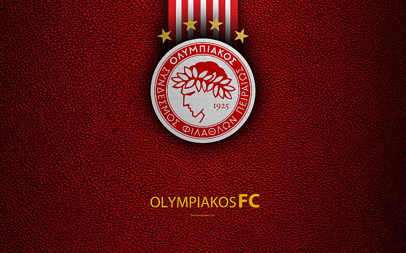 Olympiakos FC logo, Greek Super League, leather texture, emblem, Piraeus, Greece, football, Greek football club, Olympiacos Piraeus, HD wallpaper