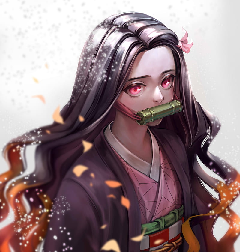 Kimetsu no Yaiba, anime girls, 2D, fan art, digital art, simple background, multi-colored hair, long hair, black hair, pink eyes, looking at viewer, Kamado Nezuko, Japanese clothes, kimono, HD phone wallpaper